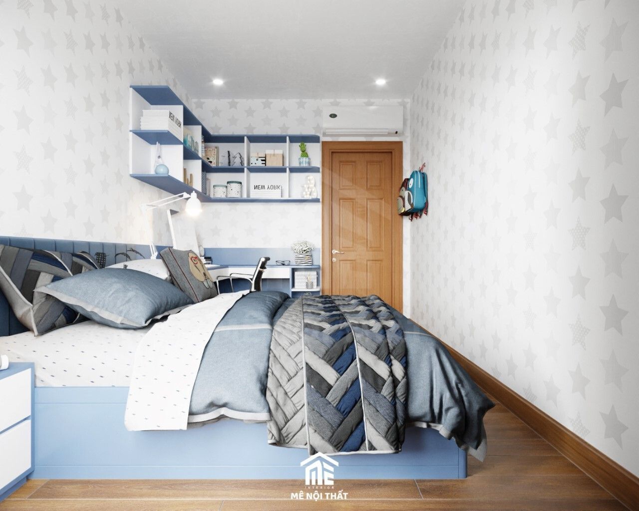Phòng ngủ bé sử dụng giấy dán tường ngôi sao cùng nội thất xanh dương cho bé thêm năng động
