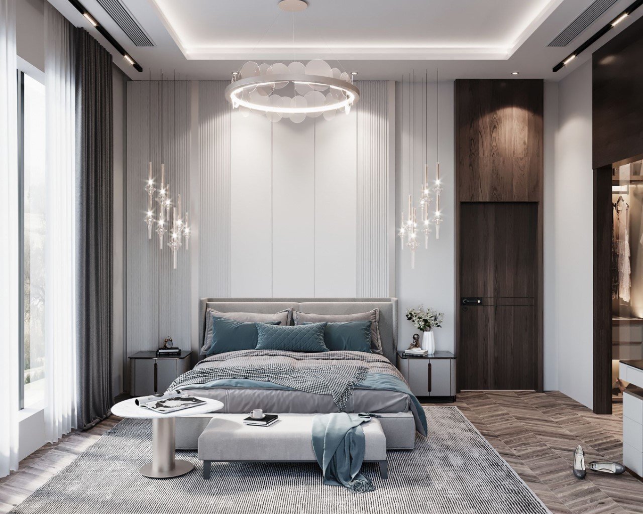 Phòng ngủ tối giản với màu trắng chủ đạo và ánh sáng LED đẹp