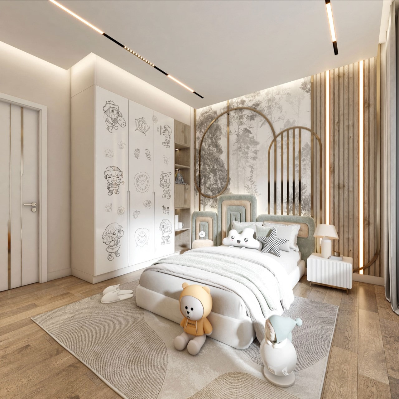 Phòng ngủ màu trắng kết hợp thêm các chất liệu như inox vàng lòng lánh giúp tăng sự sang trọng cho căn phòng