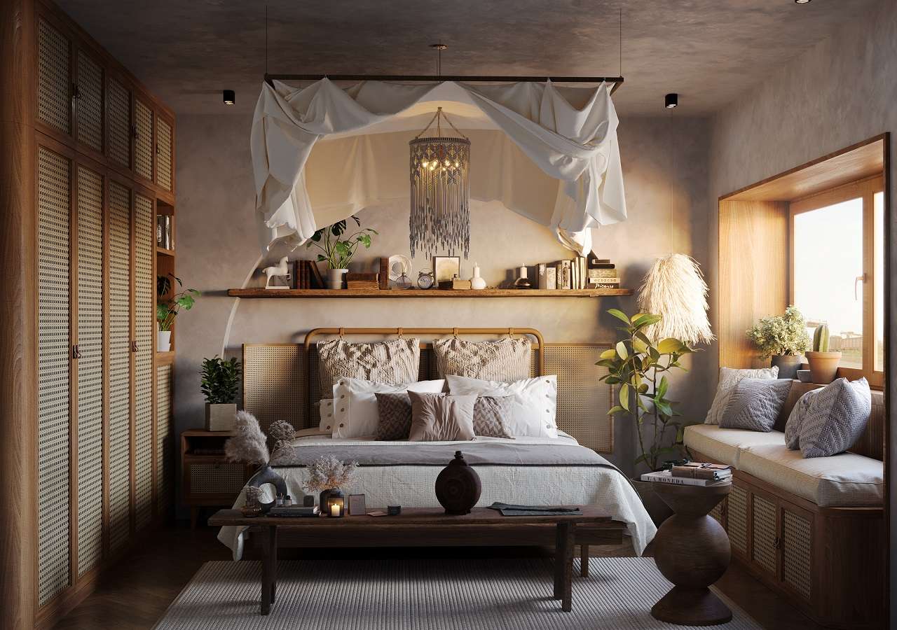 Các chất liệu nội thất đặc trưng tạo nên một căn phòng ngủ vintage gần gũi và ấm cúng