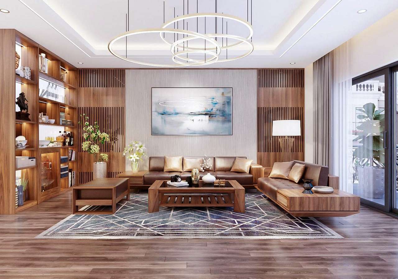 Phòng khách 50m2 với các món đồ nội thất bằng gỗ càng làm tăng thêm vẻ đẹp đẳng cấp của căn phòng