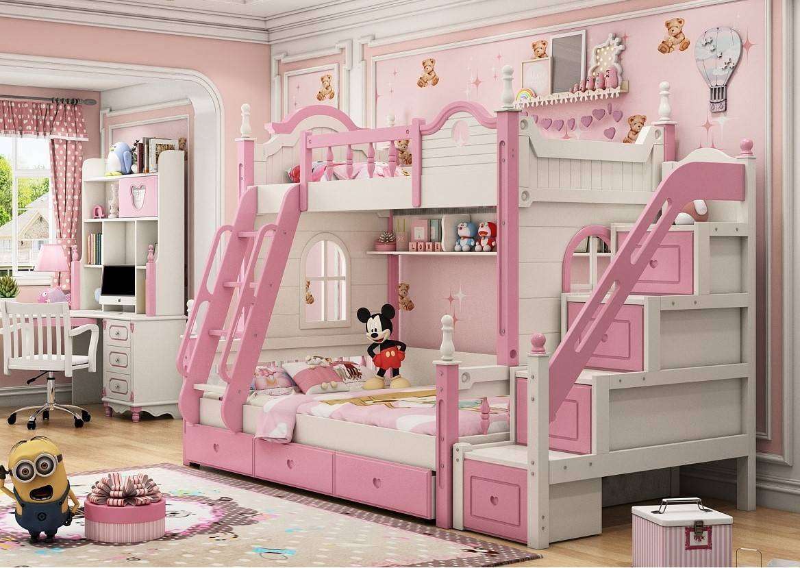 Mẫu giường tầng hình lâu đài màu hồng nữ tính