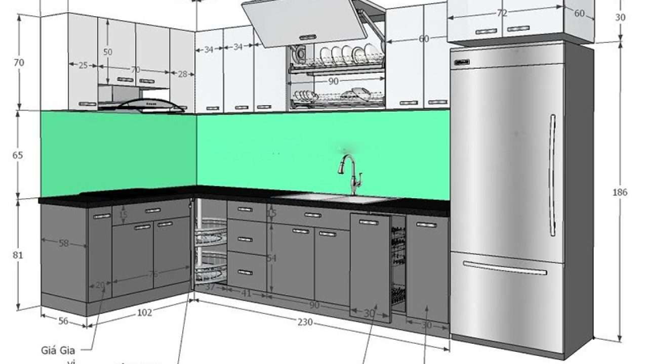 Khoảng cách giữa tủ bếp trên và khu vực chậu rửa thường dao động từ 40cm đến 80cm