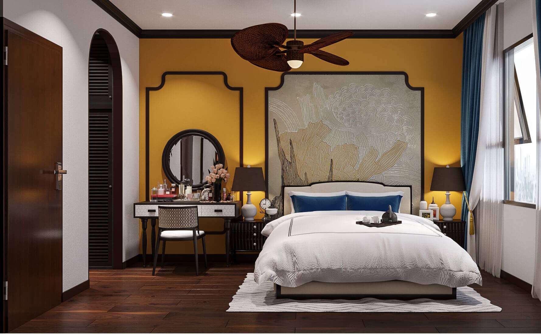 Màu vàng cũng là một trong những màu thường gặp trong thiết kế nội thất phong cách Indochine cho phòng ngủ