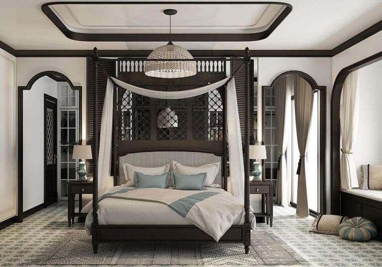 Mẫu thiết kế phòng ngủ phong cách Indochine lãng mạn với rèm cửa