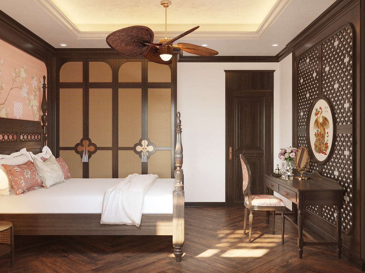 Nội thất gỗ trong phòng ngủ tạo điểm nhấn với những chi tiết tiện tròn tinh tế