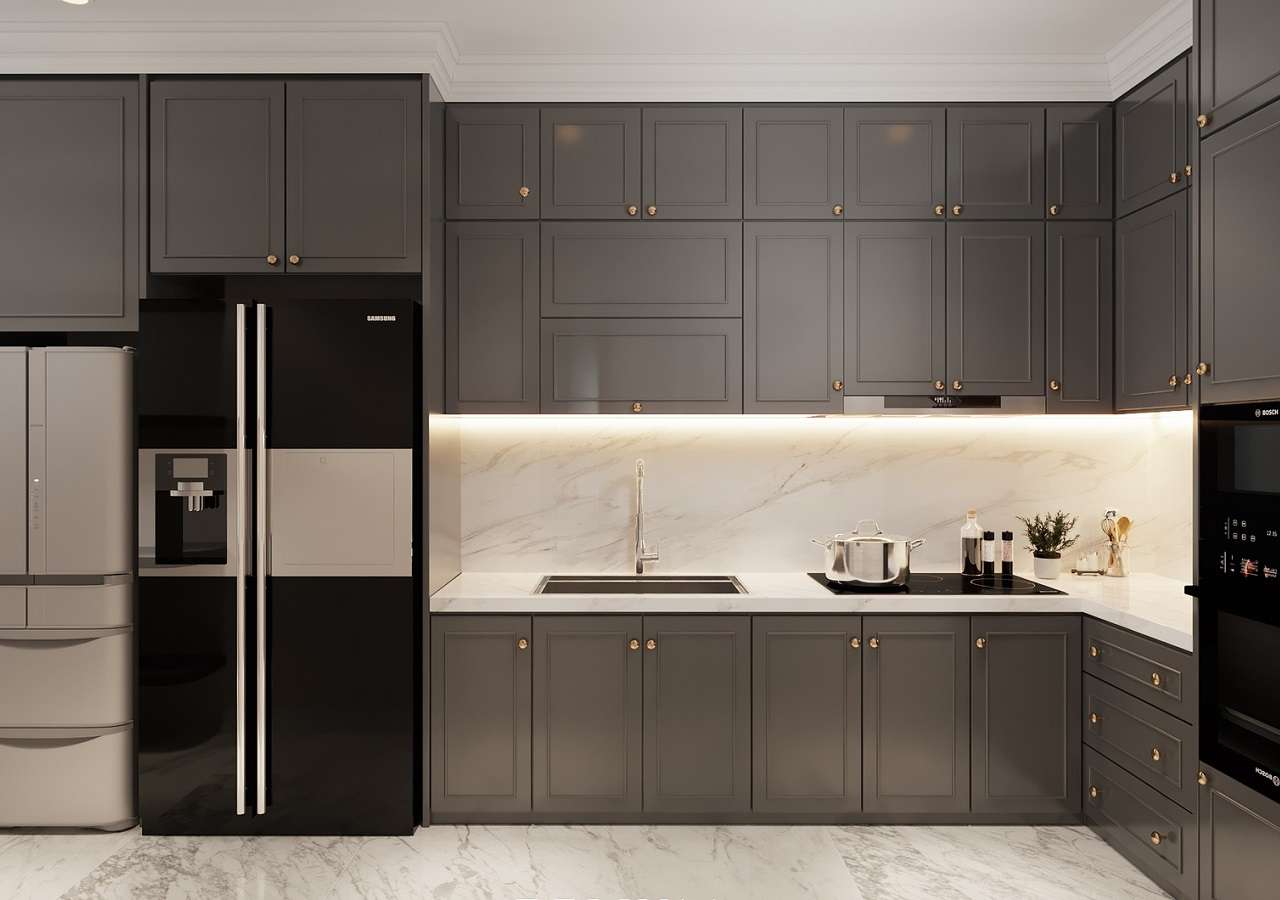 Phòng bếp rộng rãi với hệ thống tủ bếp lớn tích hợp tủ chứa tủ lạnh nhưng vẫn đảm bảo gọn gàng, sang trọng
