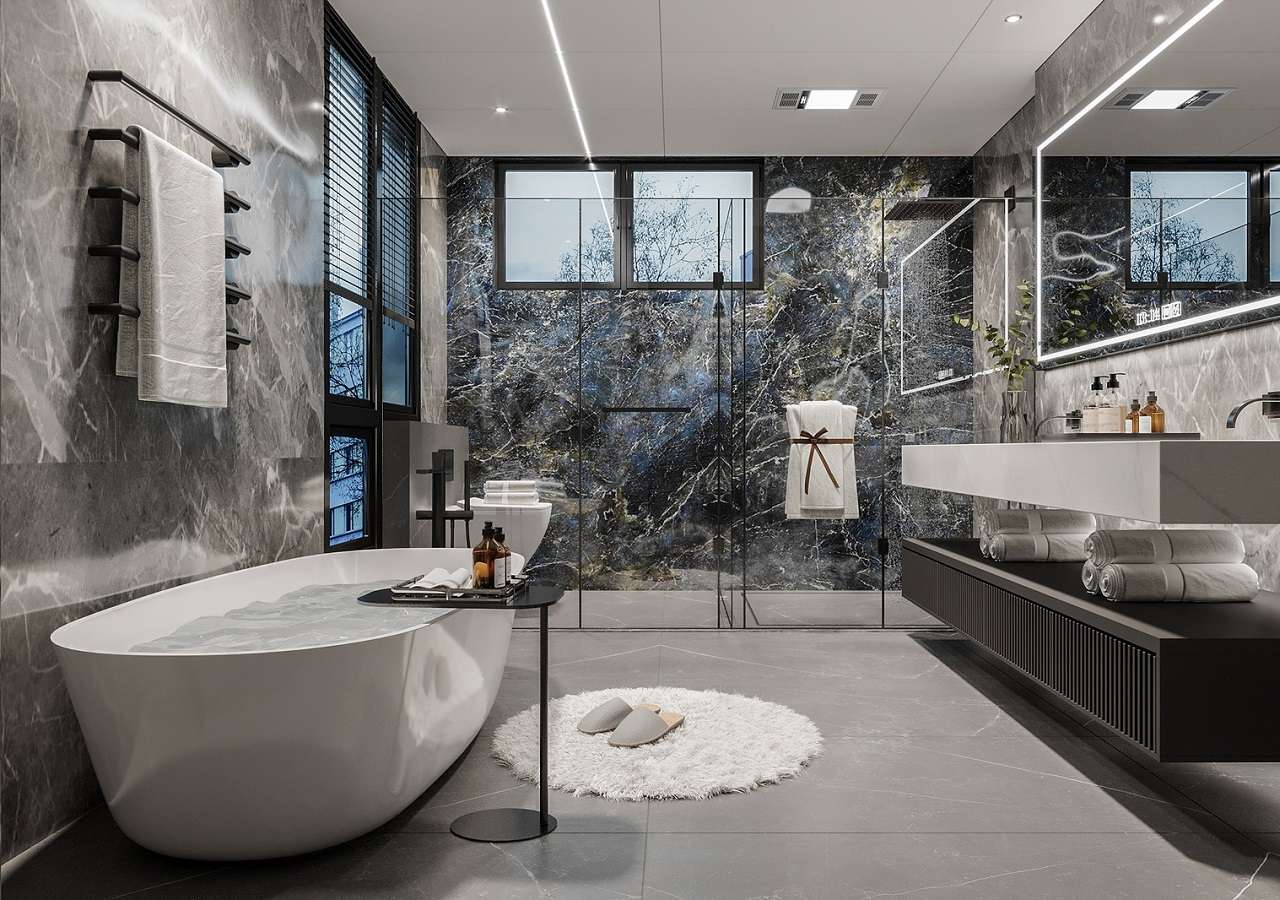 Phòng tắm sử dụng chất liệu kính và đá cùng các phụ kiện cao cấp mang đậm chất Luxury