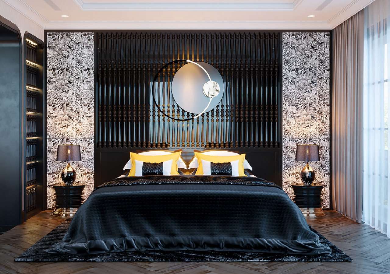 Phòng ngủ mang vẻ đẹp quyến rũ, quyền lực với tone màu đen chủ đạo