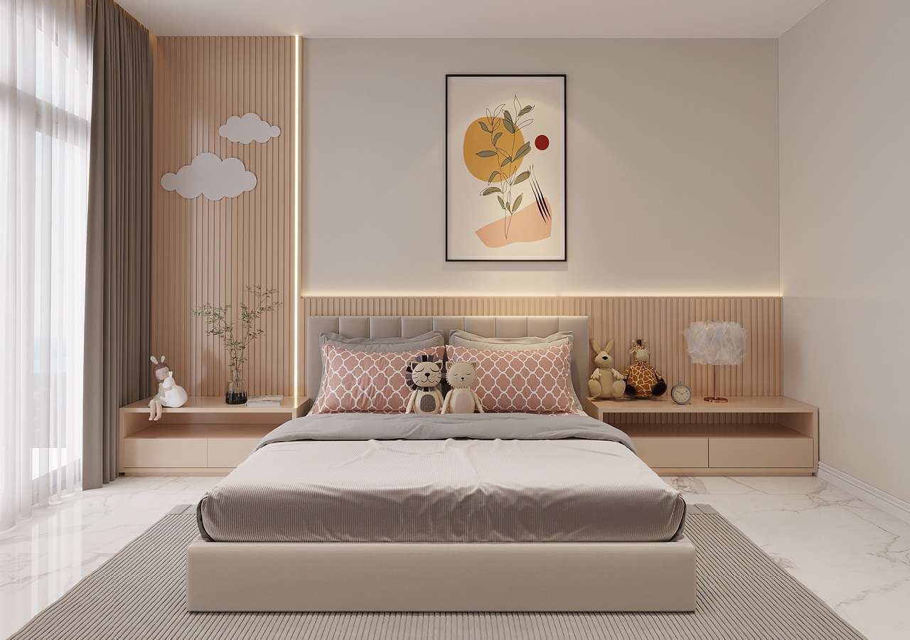 Phòng ngủ với tông màu pastel nhẹ nhàng kết hợp với đồ decor đáng yêu