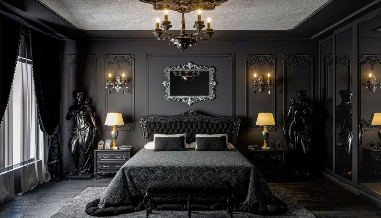 Mẫu phòng ngủ màu đen xi măng cổ điển, sang trọng và quyền lực