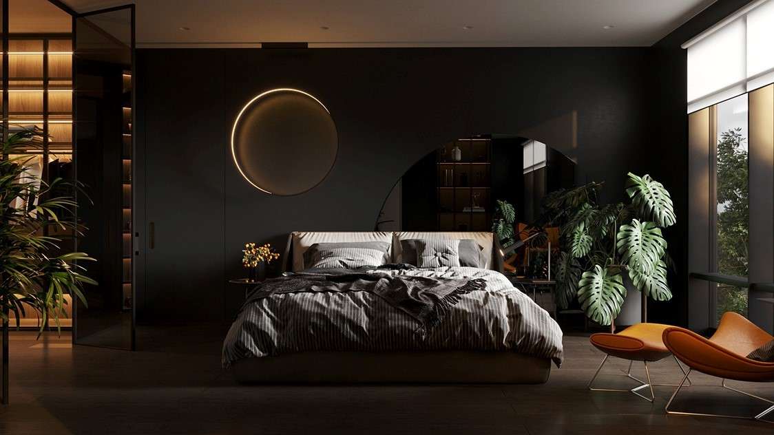 Phòng ngủ có gam màu đen được thiết kế theo hướng mở, có ban công rộng