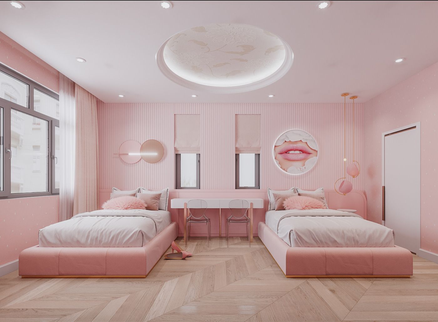 Trang trí phòng ngủ bằng giấy dán tường màu hồng phù hợp với lưa tuổi của người sử dụng
