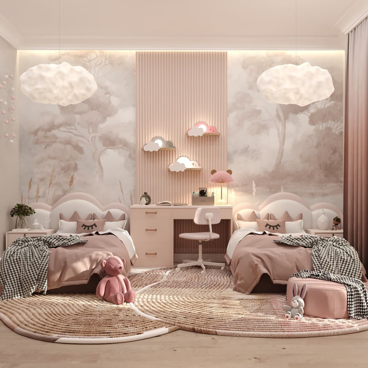 Kết hợp 2 gam màu trắng và xám vào phòng ngủ màu hồng để hài hòa tổng thể không gian