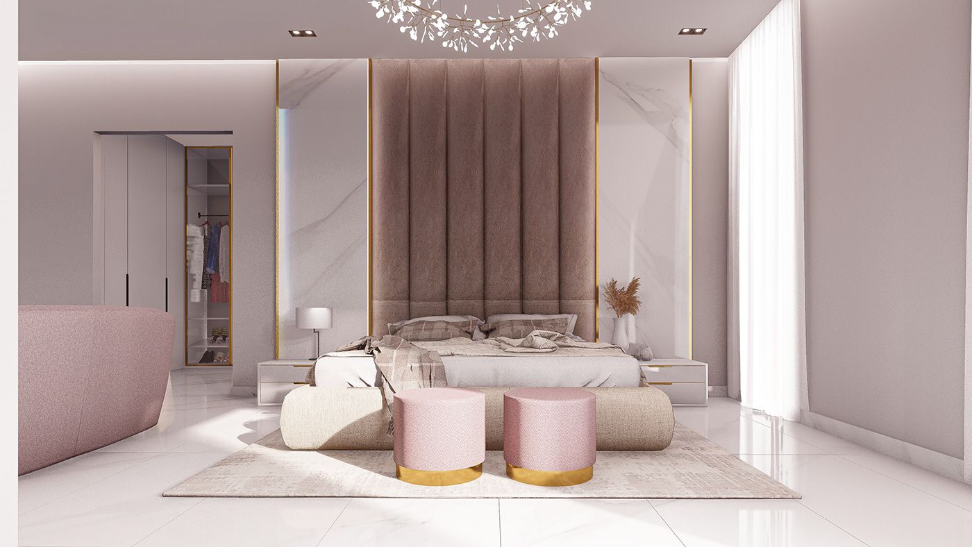 Phong cách Luxury sang trọng cũng có thể ứng dụng cho phòng ngủ màu hồng