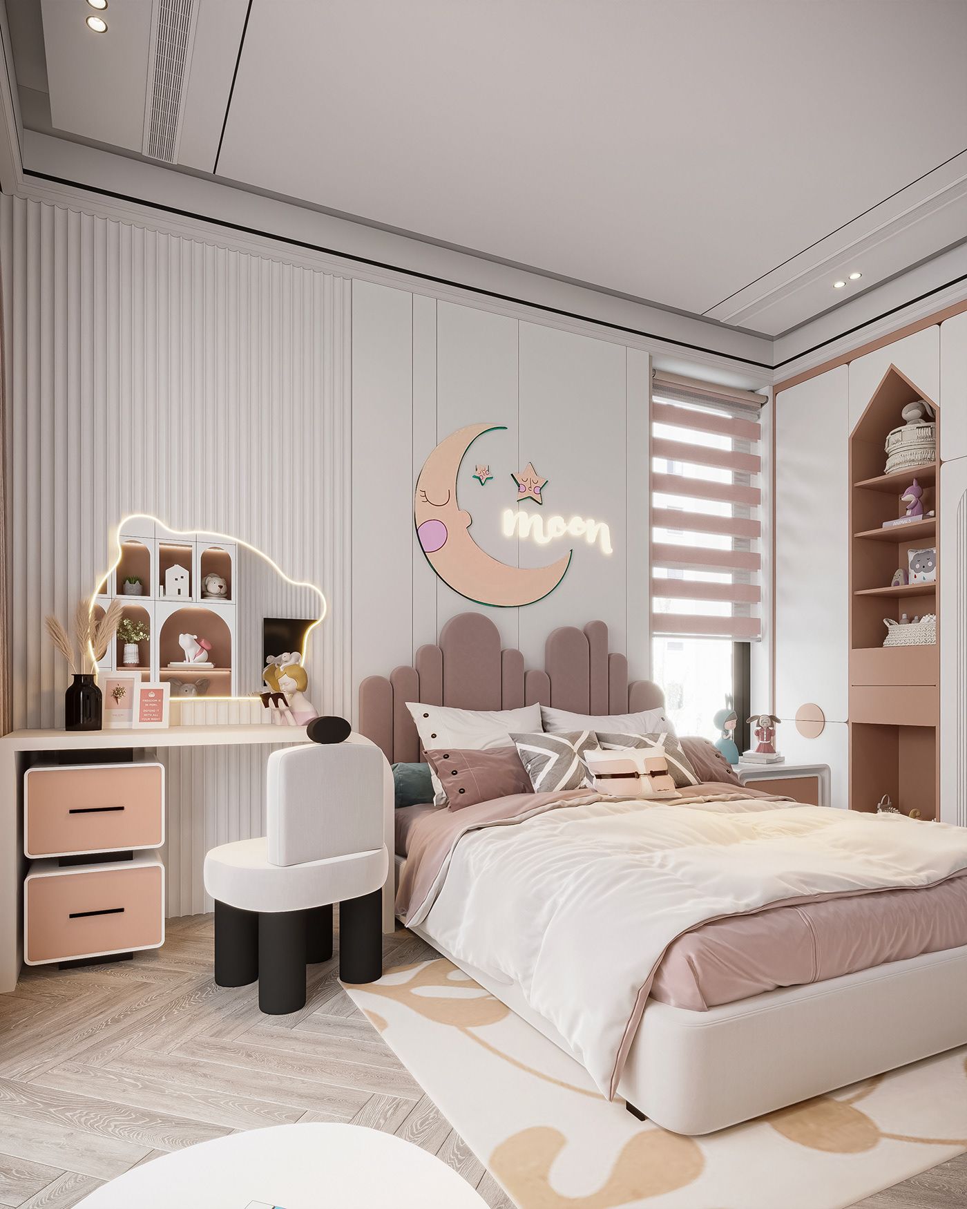 Thiết kế phòng ngủ cho bé gái màu hồng phối trắng phong cách hiện đại