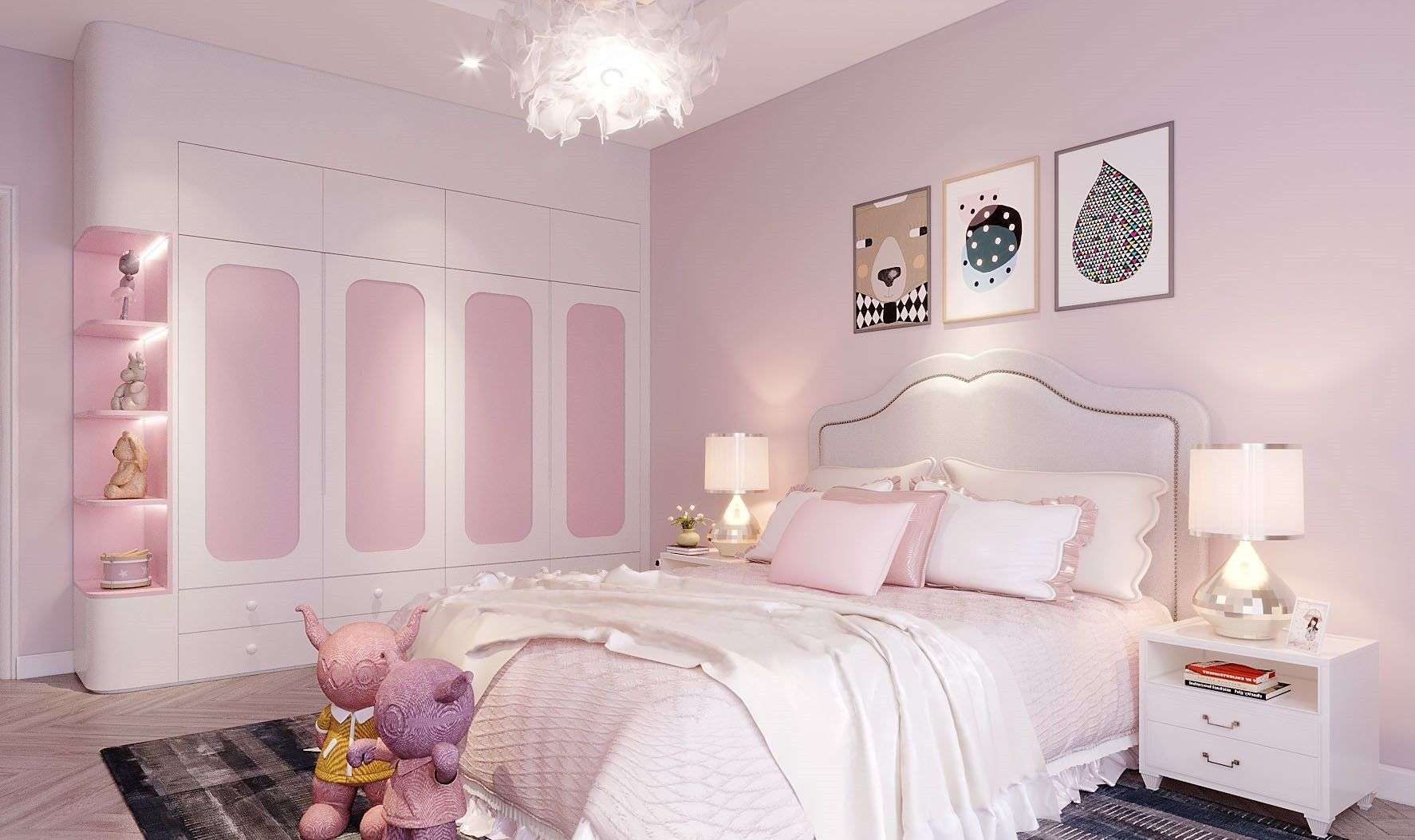 Phòng ngủ màu hồng pastel được trang trí sáng tạo 