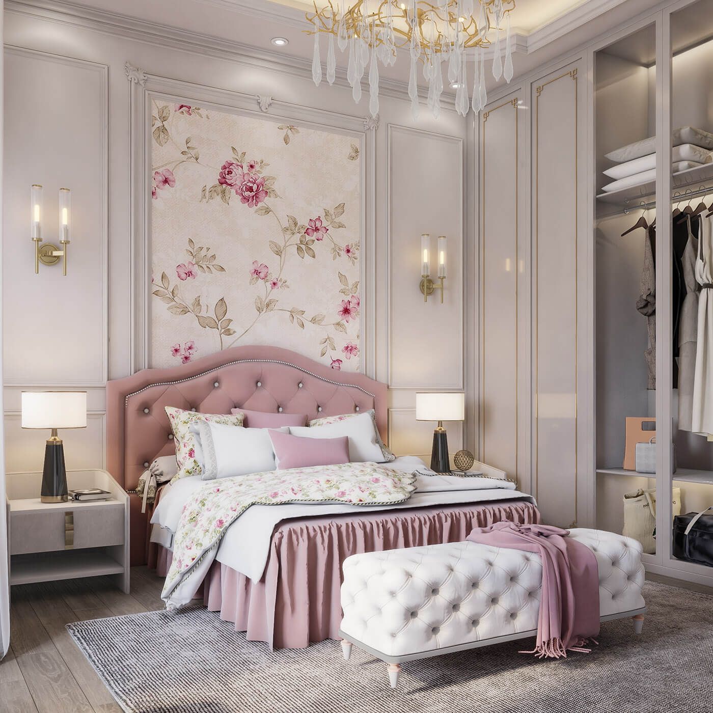Thiết kế đường cong uống lượn từ chiếc giường ngủ màu hồng đảm bảo hơi hướng tân cổ điển cho căn phòng