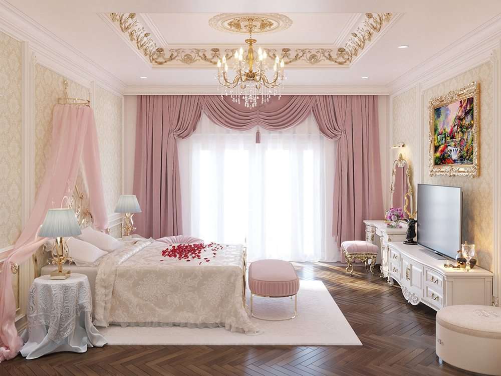Phòng ngủ màu hồng thiết kế theo lối tân cổ điển
