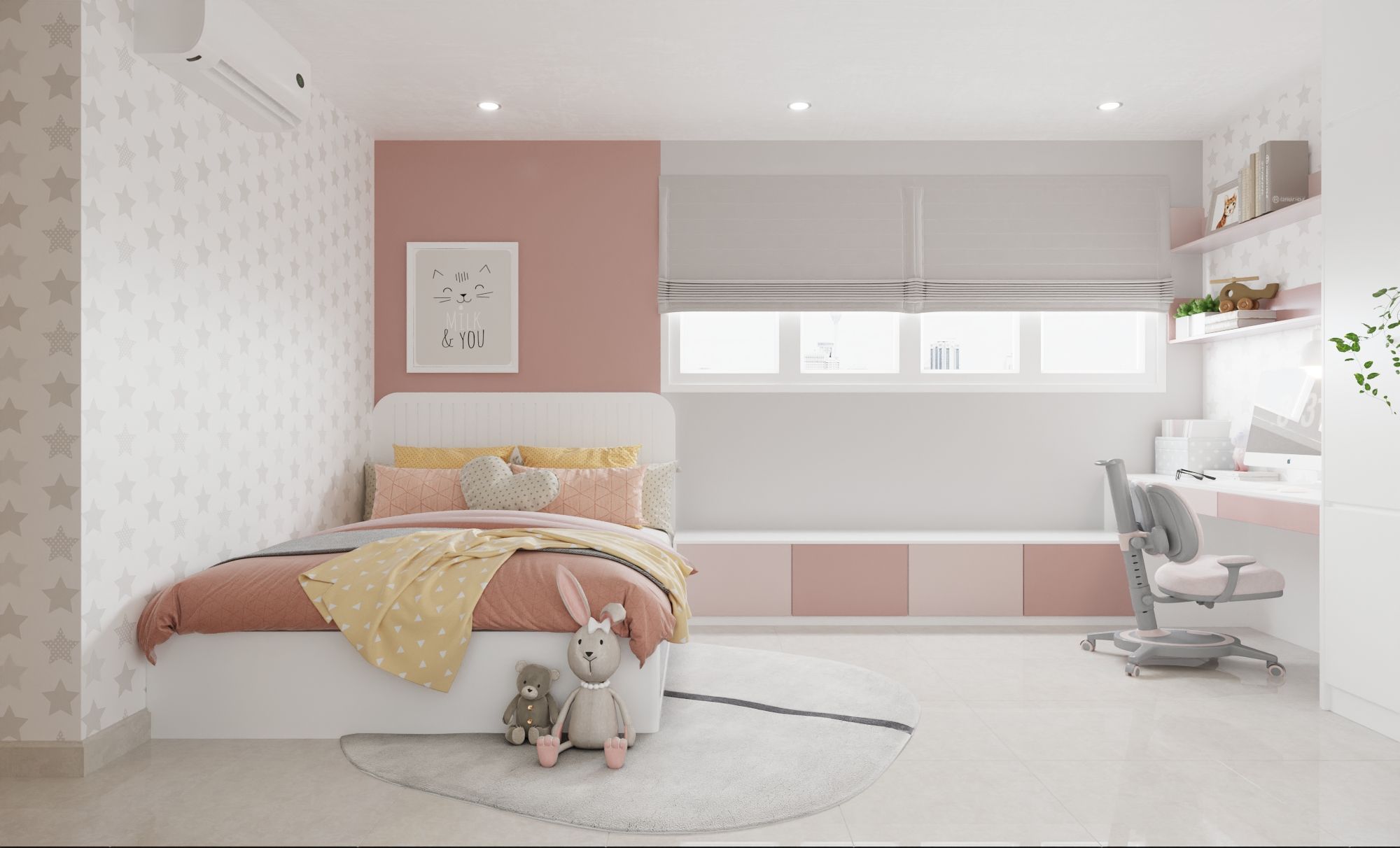 Thiết kế phòng ngủ bé với gam màu hồng nhạt và đậm xen kẽ nhau