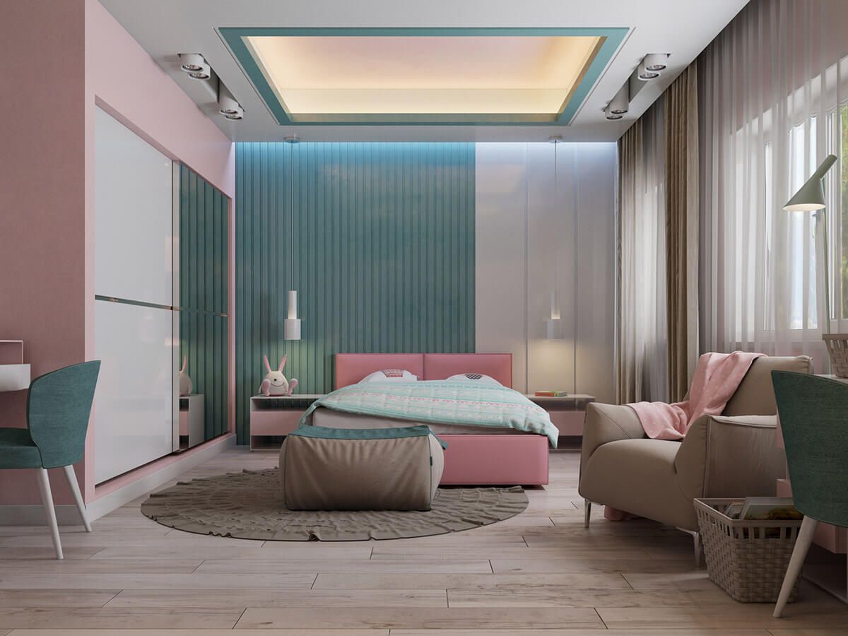 Vách tường đầu giường màu xanh cân đối với không gian phòng ngủ màu hồng