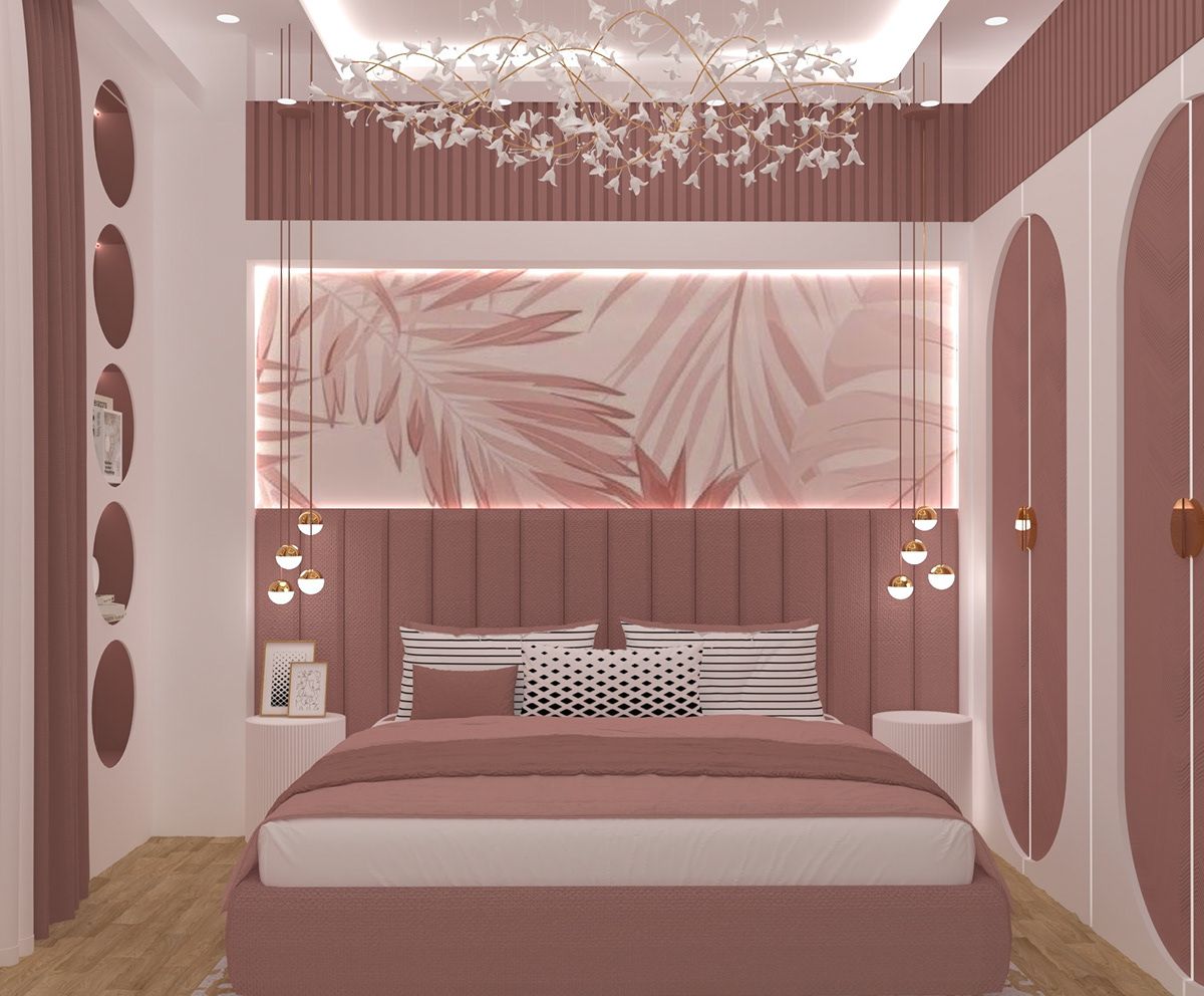 Phòng ngủ màu hồng với xám và trắng