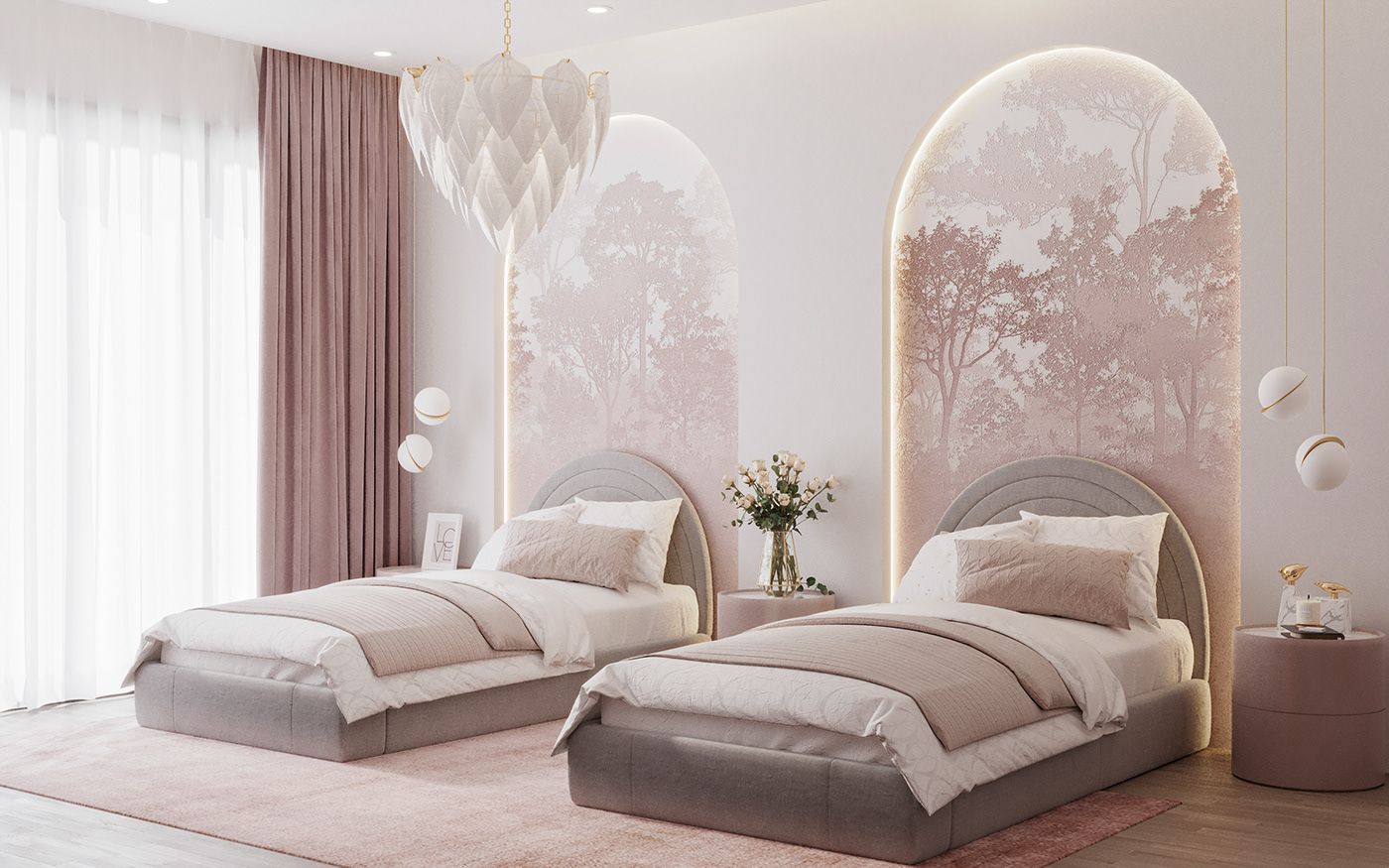 Thiết kế phòng ngủ màu hồng phối màu trắng với giường đôi