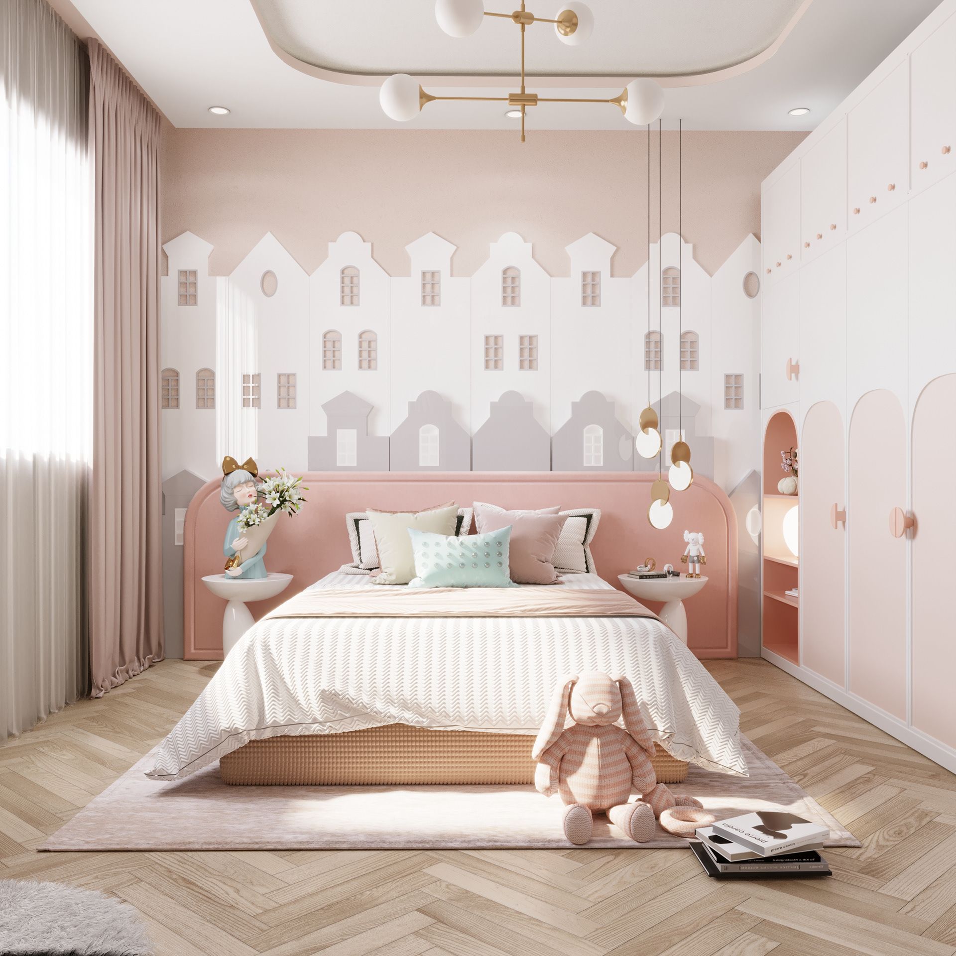 Thiết kế phòng ngủ màu hồng nhạt nhẹ nhàng, thêm các món đồ decor cho bé gái