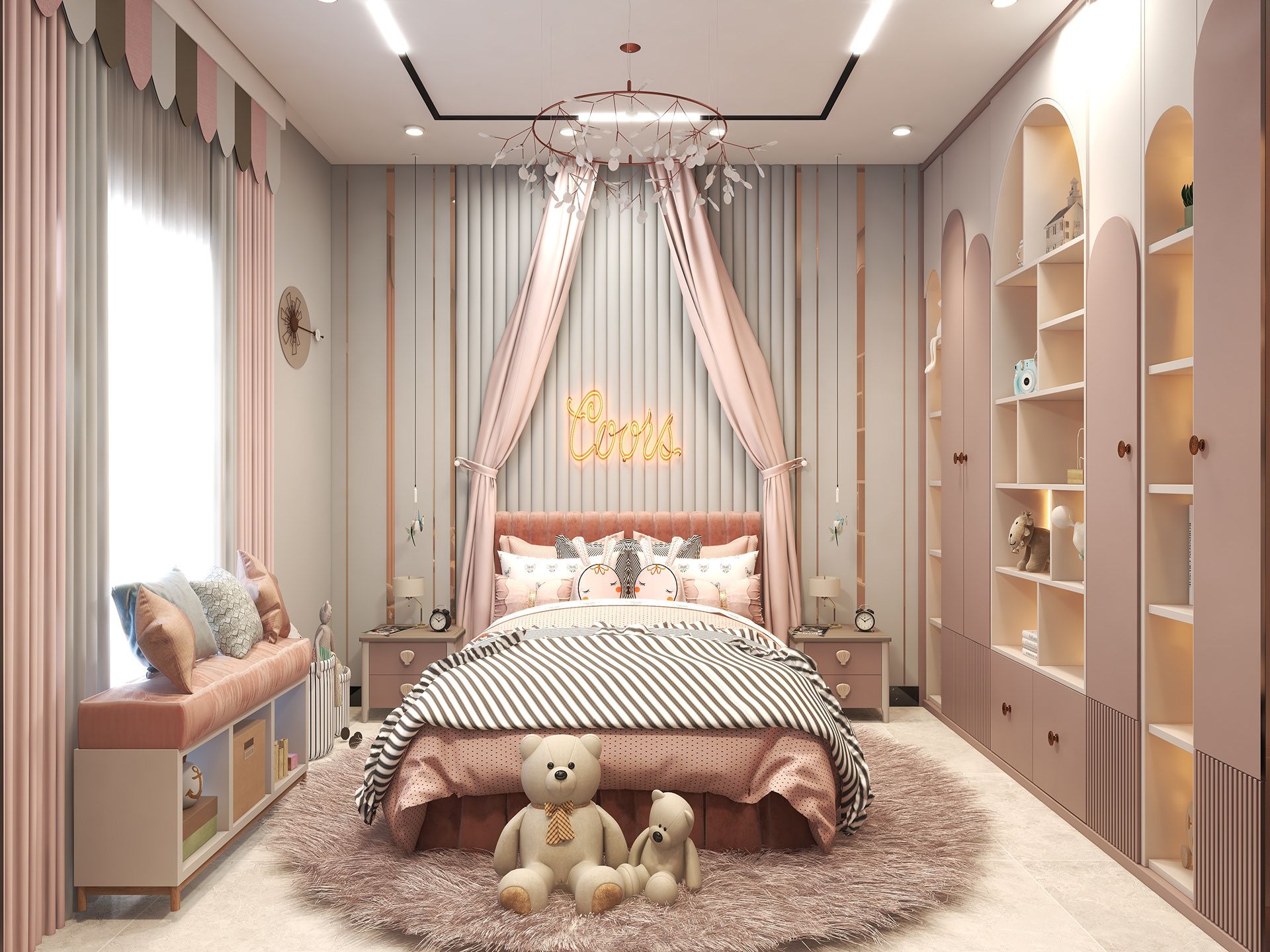 Không gian phòng ngủ với nội thất màu hồng phối hợp thêm các món nội thất có màu xanh