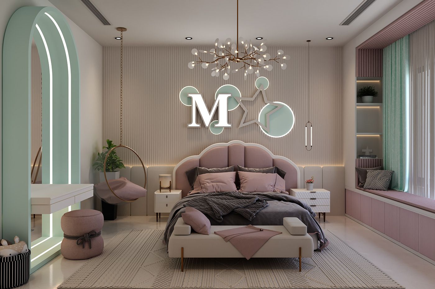 Phòng ngủ màu hồng đất thanh lịch phối thêm màu xanh pastel nhẹ nhàng