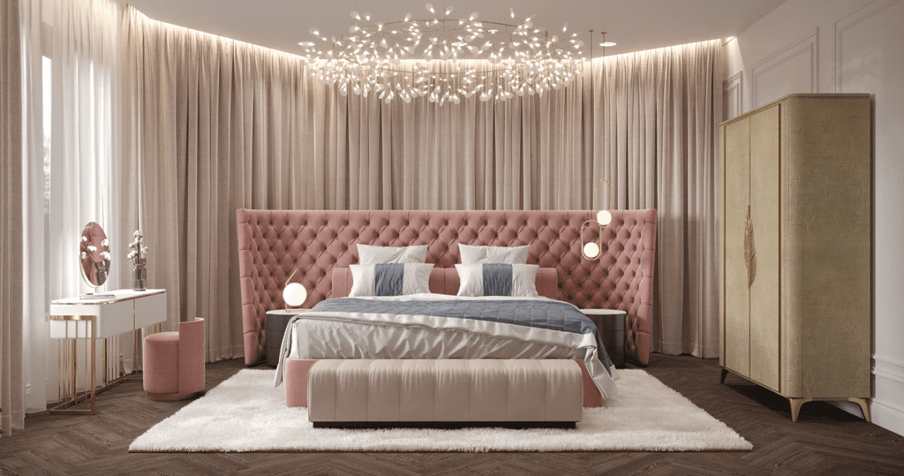 Phòng ngủ màu hồng với giường ngủ lớn đặt trung tầm cùng vách đầu giường lớn