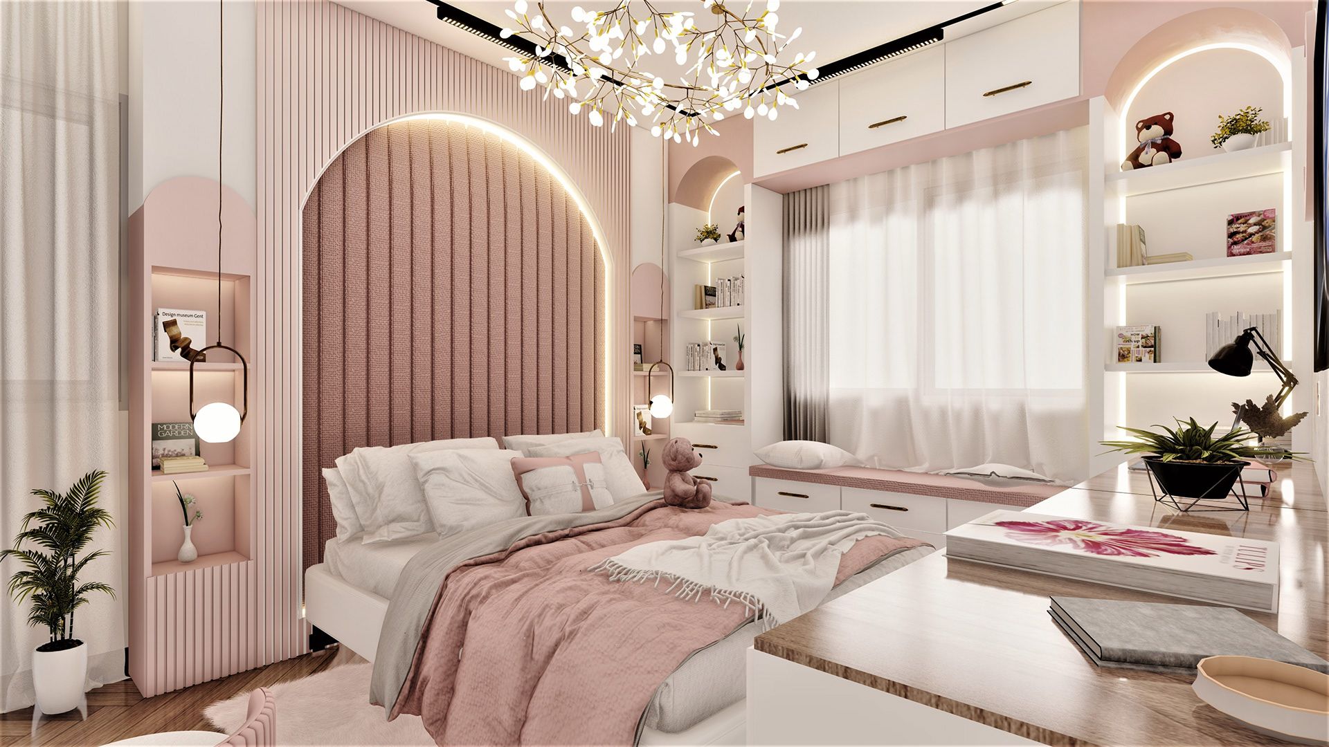 Phòng ngủ màu hồng nhạt kết hợp với hiệu ứng đèn trần âm tường và đèn trần thả rất bắt mắt