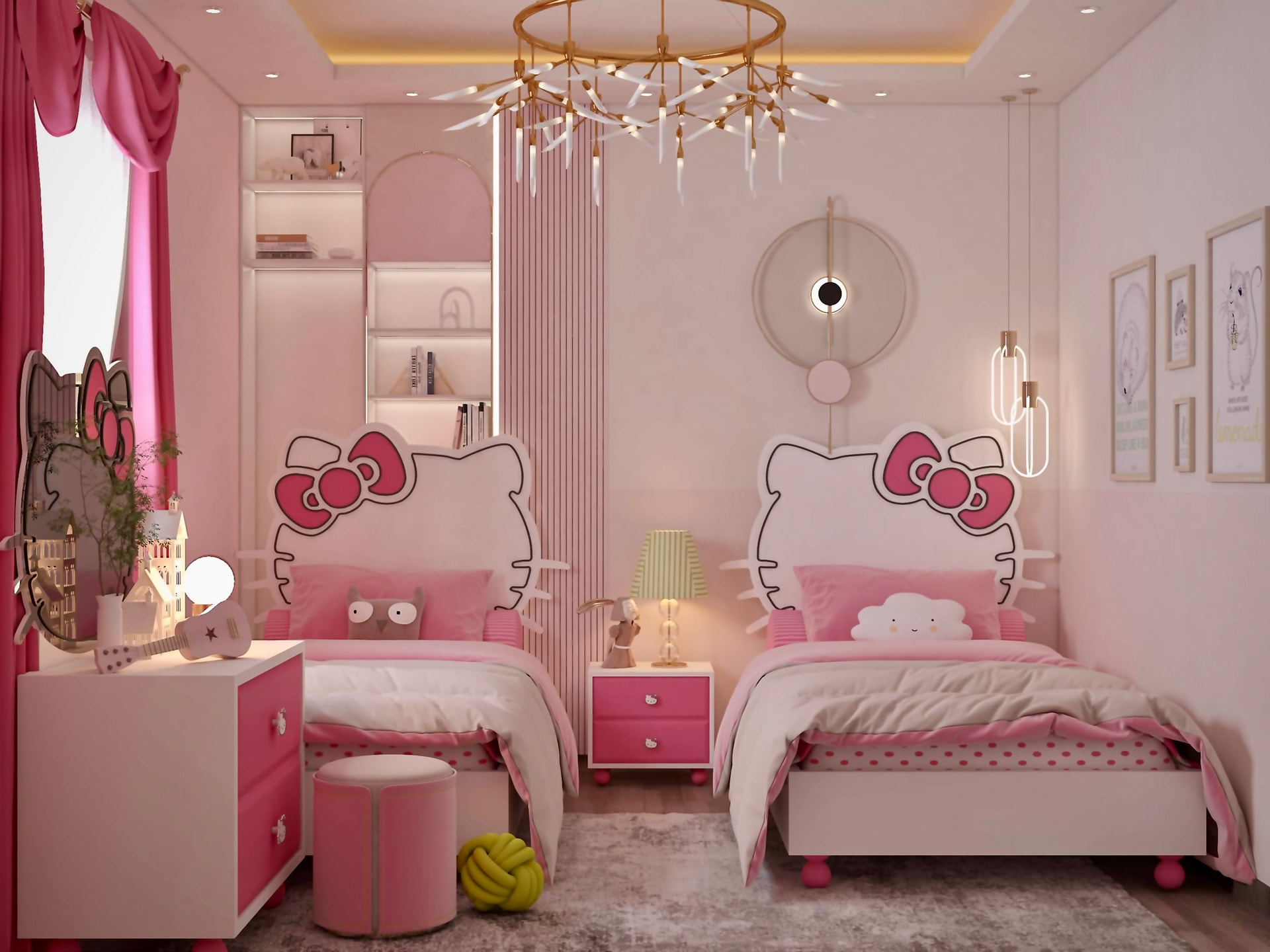 Mẫu phòng ngủ mèo kitty màu hồng cho bé sinh đôi
