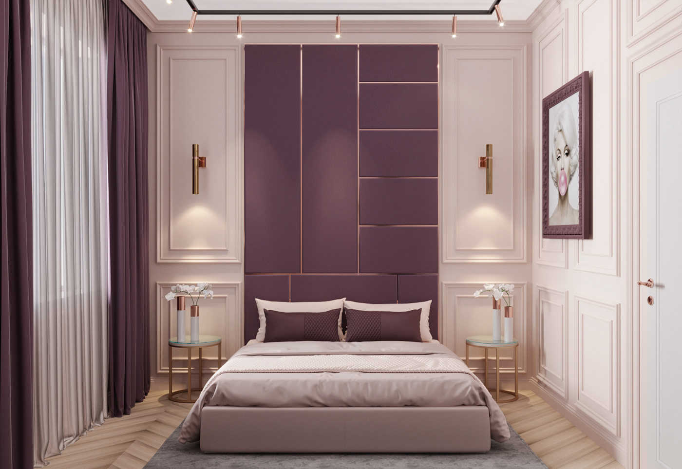 Trang trí phòng ngủ màu tím đậm là một lựa chọn táo bạo và cá tính