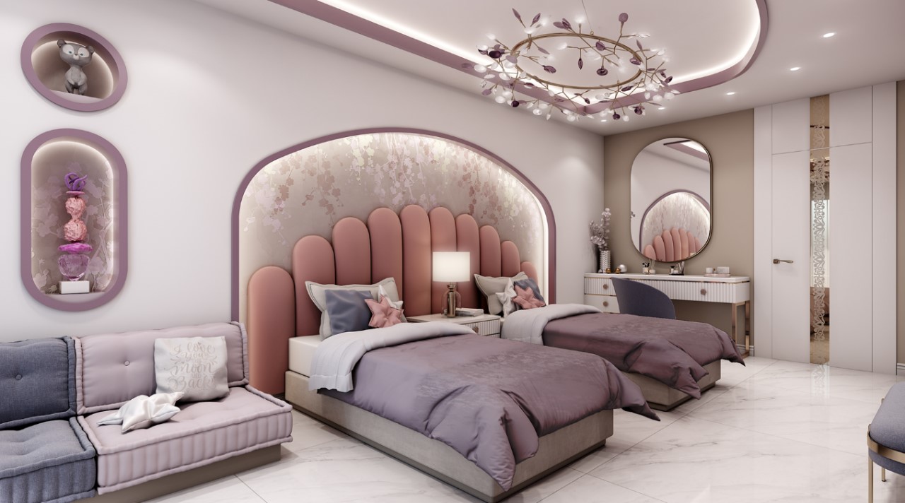 Phòng ngủ màu tím hồng là một lựa chọn tuyệt vời để tạo nên không gian nữ tính, ấm áp