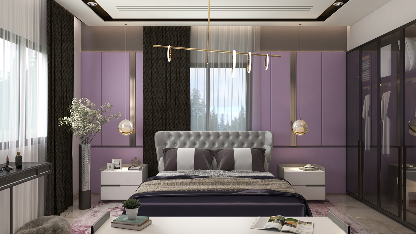 Thiết kế phòng ngủ sơn màu tím tạo khói giúp không gian độc đáo và phong cách