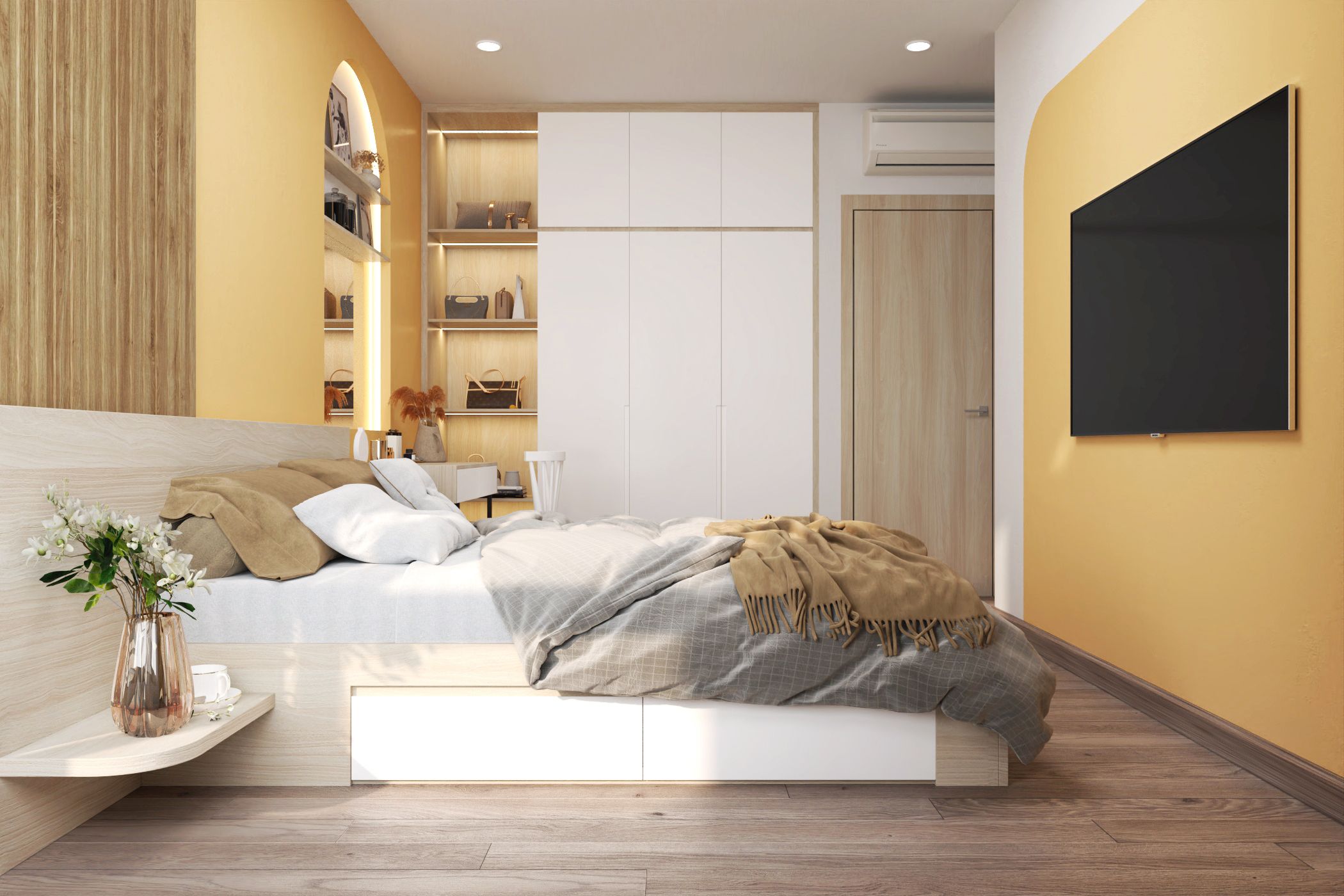 Màu vàng kem mang đến cảm giác dịu dàng, nhẹ nhàng và tinh tế cho không gian phòng ngủ