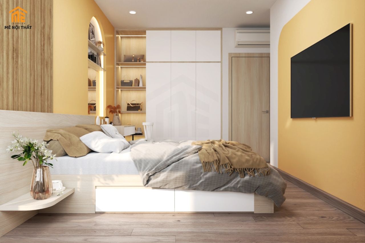 Màu vàng kem mang đến cảm giác dịu dàng, nhẹ nhàng và tinh tế cho không gian phòng ngủ