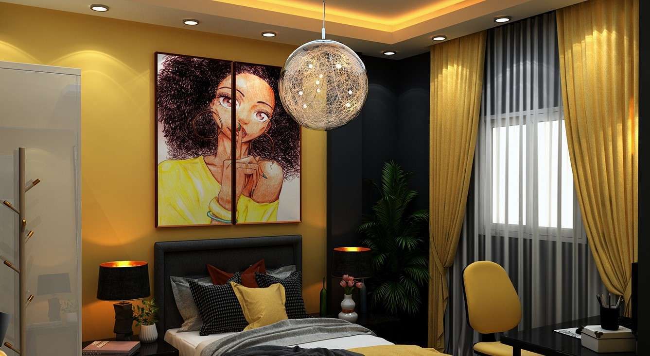 Phòng ngủ màu vàng đậm kết hợp sắc đen tạo điểm nhấn mạnh mẽ và cá tính