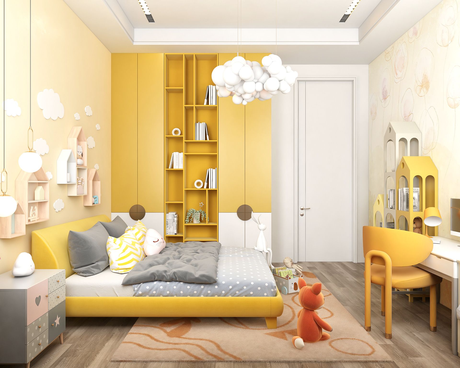 Sử dụng gam màu vàng tươi truyền thống cho phòng ngủ là lựa chọn phổ biến hiện nay
