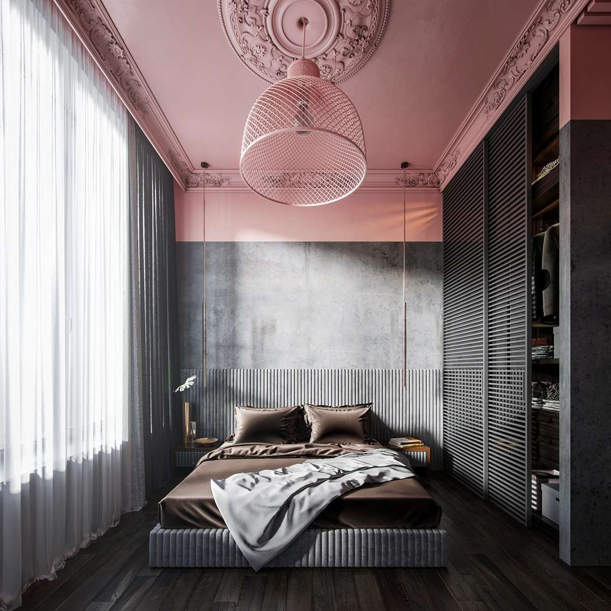 Màu hồng của trần trang trí kết hợp giường ngủ xám giúp phòng ngủ trở nên nổi bật