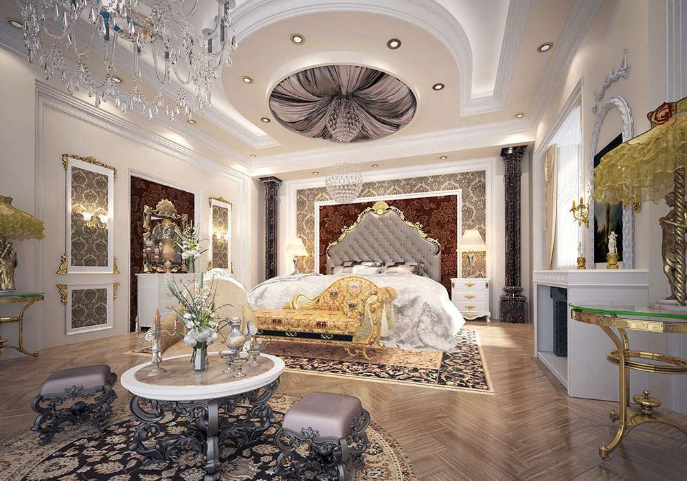 Phòng ngủ màu xám vàng phong cách cổ điển sang trọng