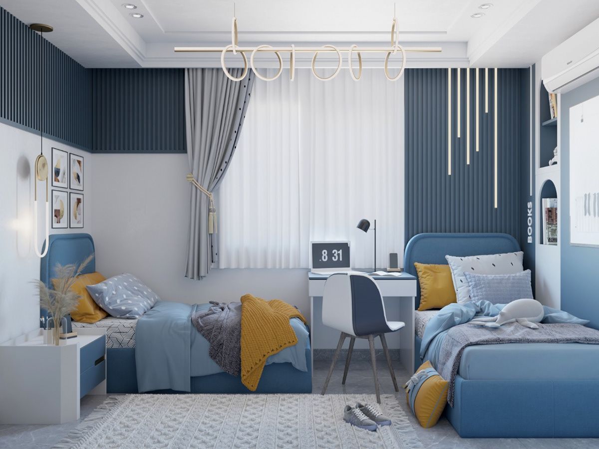 Không gian phòng ngủ ấm cúng với màu xanh pastel
