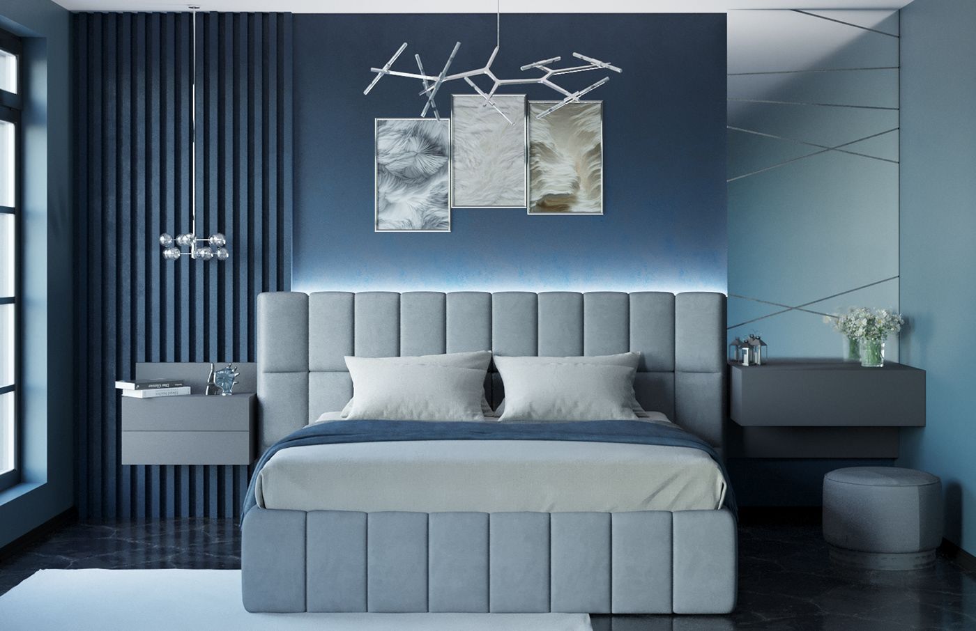 Tone phòng ngủ màu xanh lam nổi bật và cá tính