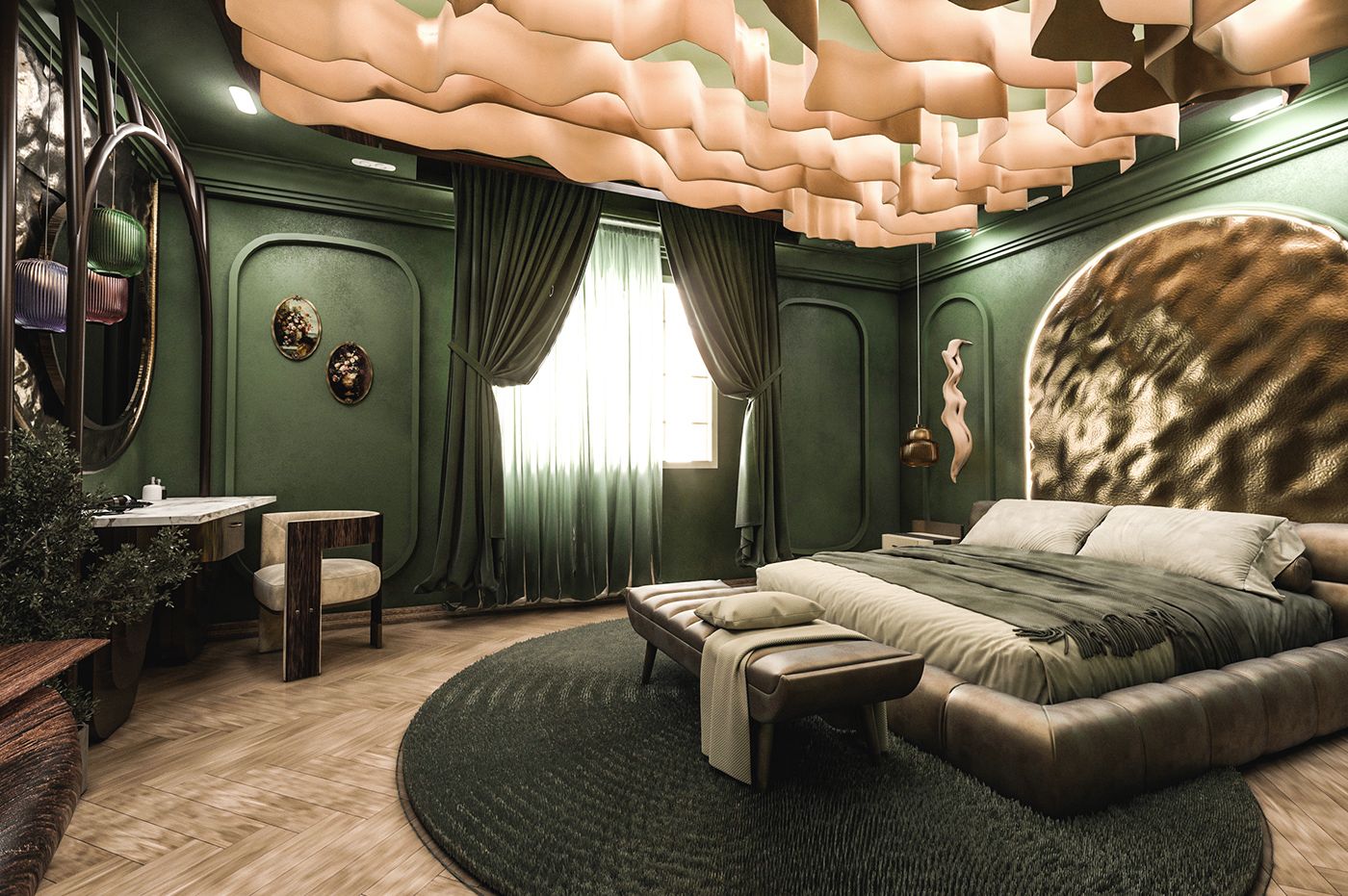 Phong cách tân cổ điển nhẹ nhàng cho phòng ngủ màu xanh rêu