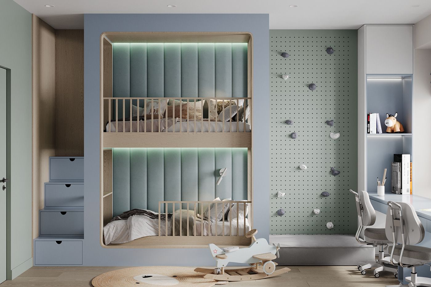 Phòng ngủ màu xanh mint cho bé với thiết kế giường tầng
