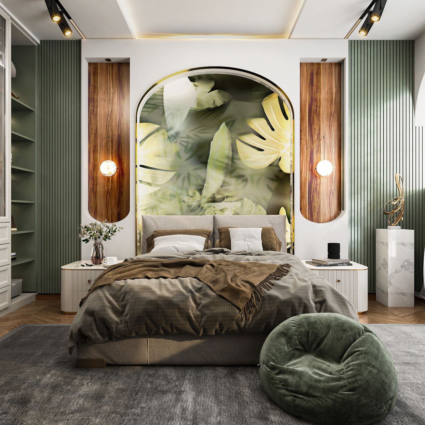 Phòng ngủ ngập tràn cây xanh và ánh sáng tự nhiên mang đến cảm giác thoáng đãng và trong lành