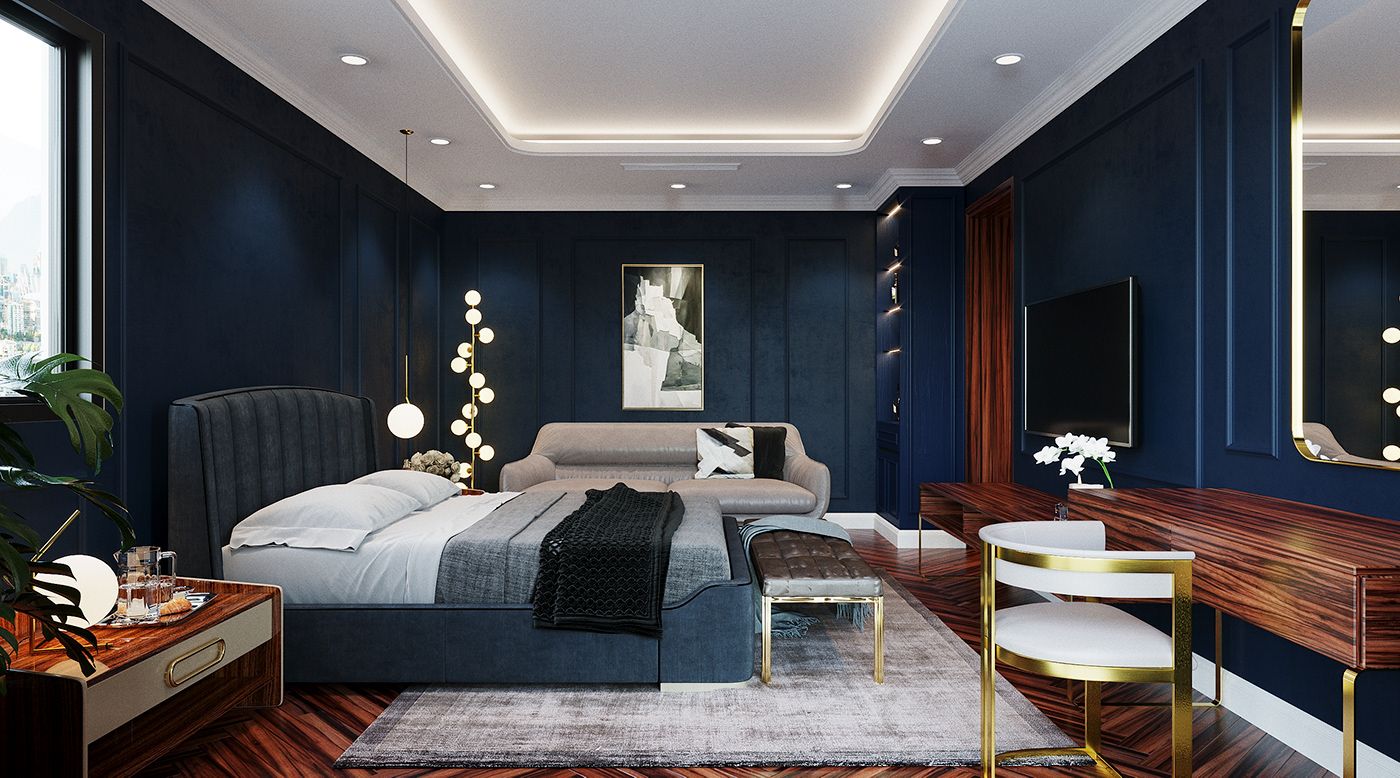 Phòng ngủ cho vợ chồng màu xanh cao cấp