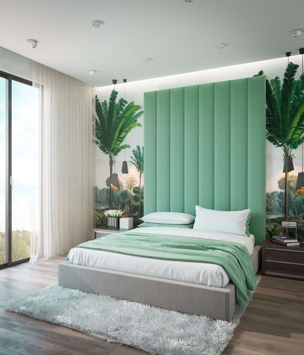 Phòng ngủ màu xanh lá với bức tranh phong cảnh ấn tượng