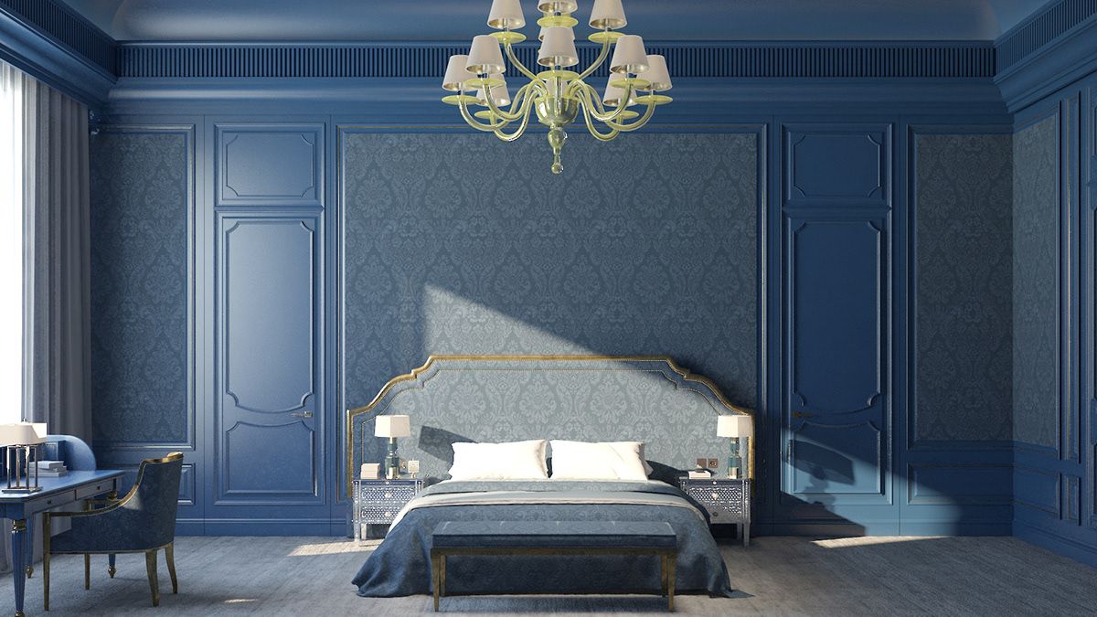 Tân cổ điển nhẹ nhàng cho phòng ngủ màu xanh